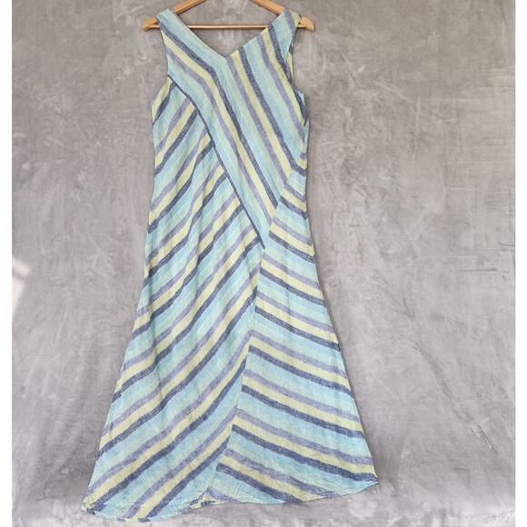J Jill Linen Dress Womens Medium Petite Long Maxi Love Blue Diagonal Striped PM - Picture 7 of 12
